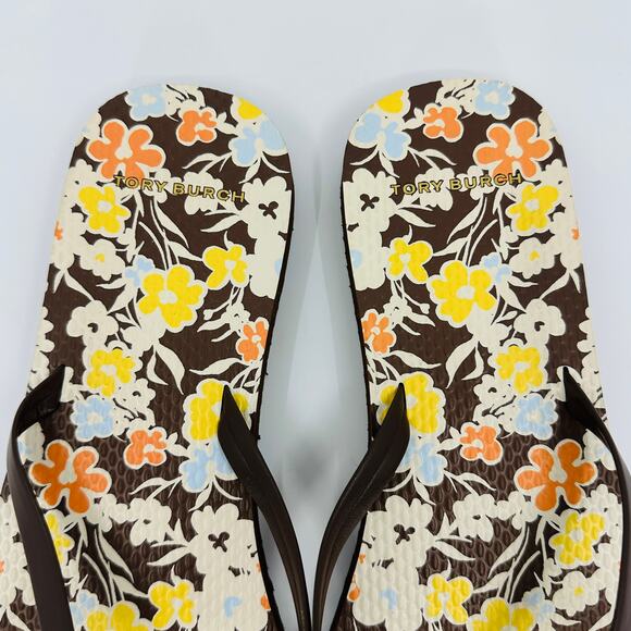 Tory Burch Women's Soho Reverie Walnut Brown Floral Flat Flip Flops 81071 Size 8 - Picture 6 of 14